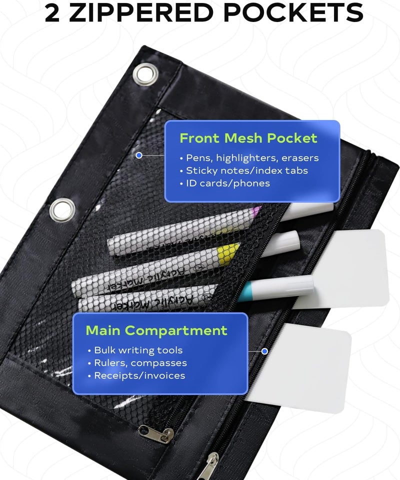 INNOIO 3 Ring Binder Pencil Pouch - School Pencil Case with 2 Zippered Pockets, Clear Mesh Window Pencil Bag, B5 Size, Back to School Gifts (Black) - Image 3